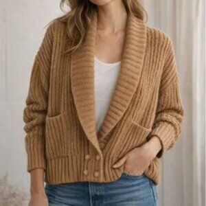 Anthropologie Tan Ribbed Shawl-Collar Cardigan
